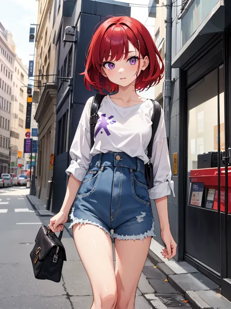 1girl, short red hair, Purple eyes with cross pattern, wearing plain white shirt, denim shorts, city, absurdres, highres, ultras...