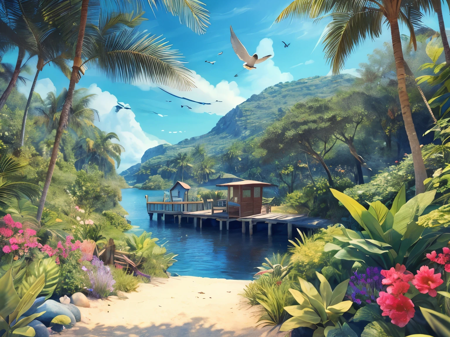 (best quality:1.2), ultra-detailed, realistic:1.37, masterpiece:1.2, Whitethorn, deserted island, small islands, small house, serenity, tranquil, peaceful atmosphere, gentle waves, vibrant greens and blues, sunlight filters through the leaves, crystal clear water, secluded beach, rocky cliffs, lush vegetation, birds chirping, footsteps on the sandy path, sound of crashing waves, birds flying in the sky, colorful flowers blooming, a cozy wooden cabin, hammock swaying in the breeze, wooden dock, boats moored in the distance, a path leading into the forest, palm trees swaying, seashells scattered on the shore.