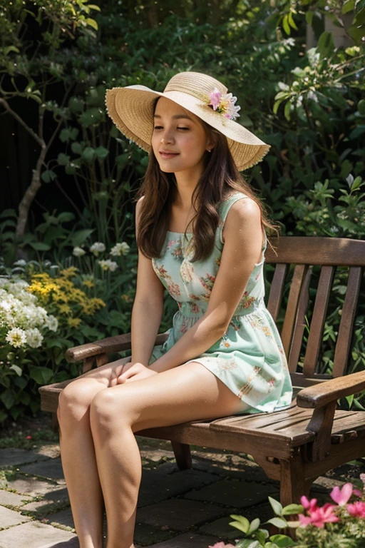 A girl in a garden,illustration style,vibrant colors,soft lighting,flowing lines,floral pattern,green foliage,peaceful atmosphere,warm sunlight,peaceful scenery,joyful expression,wearing a sun hat,exploring the garden,admiring the flowers,butterflies fluttering around,relaxing on a wooden bench,delicate brushstrokes,creative composition,pastel tones,chirping birds,scent of fresh flowers,faint sound of a nearby stream,whispering breeze,joyful and playful atmosphere,feeling of tranquility and serenity.