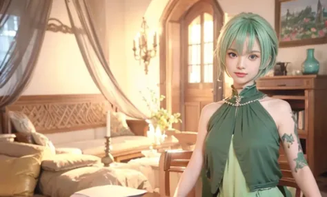 ((alone)), (solo) , mature ,  40years old , giving smile to the camera , sexy , anime - style image of a mature in a green dress...