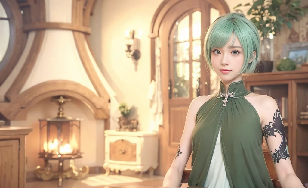((alone)), (solo) , mature ,  40years old , giving smile to the camera , sexy , anime - style image of a mature in a green dress standing in a room, beautiful screenshot, stylized anime, atelier, smooth anime cg art, anime styled 3d, close up character, render of a cute 3d anime girl, final fantasy 14 style, style game, fashion gameplay screenshot, anime stylized, main character short hair , laughter , short hair , beautiful bangs , Shining white skin, Flow of hair that extends to the face , bangs between eyeliner hair , High resolution , beauty eyes, Bright and clear, Big light blue eyes shine charmingly , green one piece , eyeliner,(Ultra Real), (figure), (High resolution), (In 8K), (very detailed), (Best figure), (Beautiful quality with attention to detail), (super detailed), (table top), (wallpaper), (detailed face), drooling eyes , upper body up, 