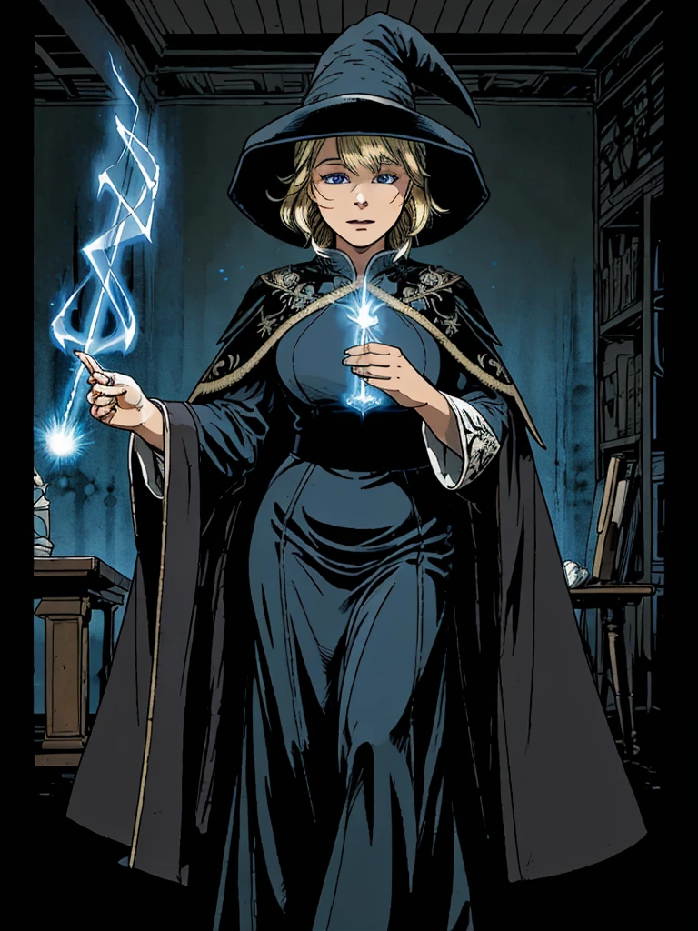 MAGE is burning all darkside contents, But she doesn't realize the flames are igniting her own clothes, over size tall and big woman, 1female, cute, blonde straight hair, blue eyes, wizard robe, witch hat, rune, (masterpiece:1.28), (best quality:1.24), (high-definition:1.24), (intricated background:1.3), 8K, extremely detailed face, extremely intricated hair, extremely detailed eyes, dimensional traveler, (darkside caslte:1.2), indoor, magical blue flame, battle, last boss battle, dynamic angle, dutch angle, burning clothes, Exploding human beings, Fighting the Dark Side, Impatient face