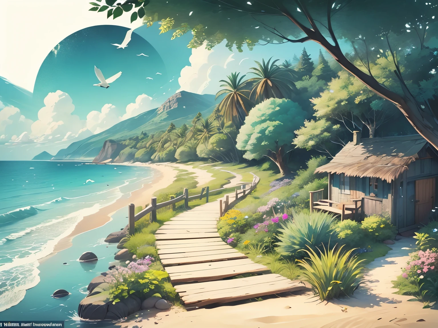 (best quality:1.2), ultra-detailed, realistic:1.37, masterpiece:1.2, Whitethorn, deserted island, small islands, small house, serenity, tranquil, peaceful atmosphere, gentle waves, vibrant greens and blues, sunlight filters through the leaves, crystal clear water, secluded beach, rocky cliffs, lush vegetation, birds chirping, footsteps on the sandy path, sound of crashing waves, birds flying in the sky, colorful flowers blooming, a cozy wooden cabin, hammock swaying in the breeze, wooden dock, boats moored in the distance, a path leading into the forest, palm trees swaying, seashells scattered on the shore，[(background:1.4)::5]