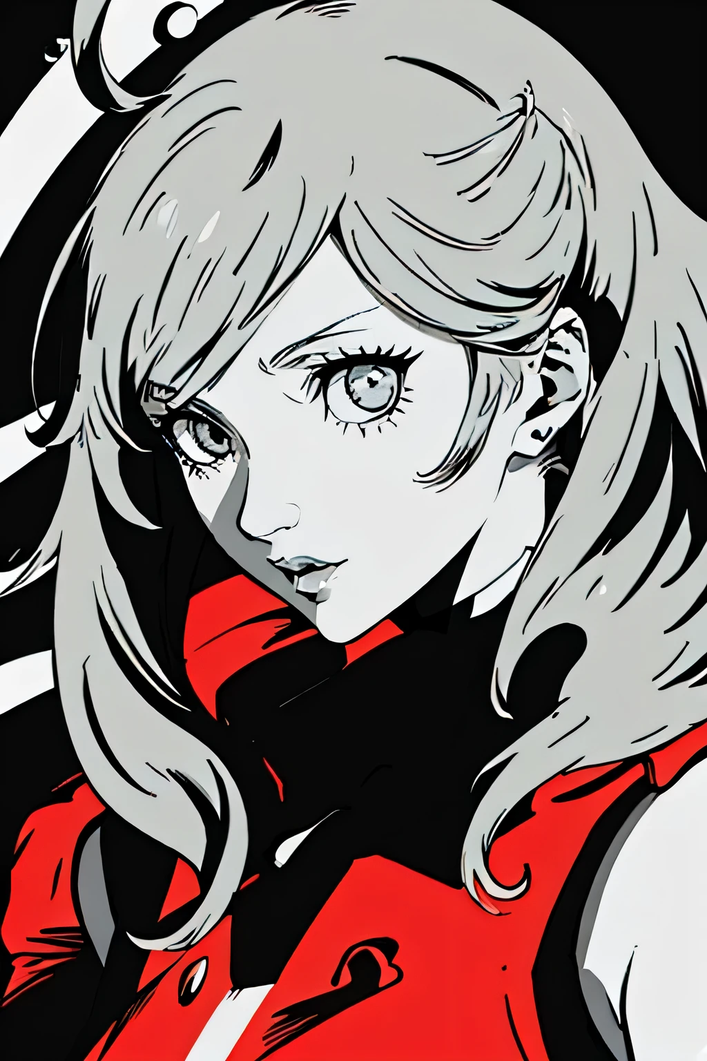 red_black_white,(pieces fly:1.2),(anime style etc..,Comic Core:1.1),1 girl,Quill pen,crazy about love,highly detailed eyes,highly detailed face,highly detailed hair,8K,Decide,