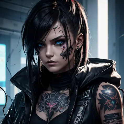 Cyberpunk, damaged, schwarzes Haar, Tattoo on part of her face, Cyber-Tattoo, Zahlen, Tattoo auf Schulter und Hals. Robot clothe...