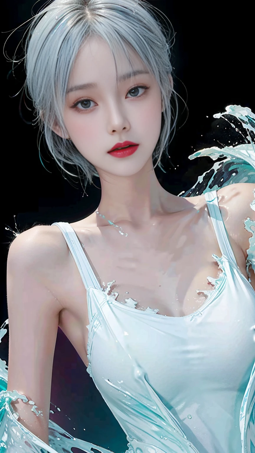 (masterpiece, best quality:1.2), 8k, 85mm, original photo, absurd, White and cyan theme, (liquid clothes, Liquid dress:1.4), white hair, gradient dress, exquisite girl, Upper body, Close-up face, shiny skin, married woman, view viewer, human development report, sharp focus, particle, Dusk sky, Detailed eyes and face, white hair, simple background，nude，Plum，very big ，Bare lower body，Naked of breast，transparent clothes