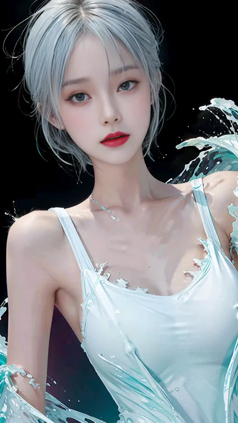 (masterpiece, best quality:1.2), 8k, 85mm, original photo, absurd, white and cyan theme, (liquid clothes, liquid dress:1.4), whi...