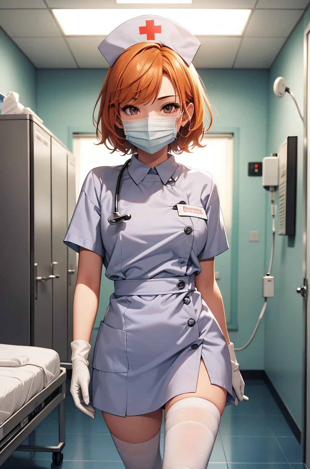 1 girl, alone, nurse, nurse cap, Whiteware, ((white legwear, zettai ryouiki)), white gloves, very short hair, orange hair, ((White surgical mask, Covered nose)), Are standing, ((hospital room)), sharp outline, short sleeve, Tomboy, boyish, highest quality, masterpiece