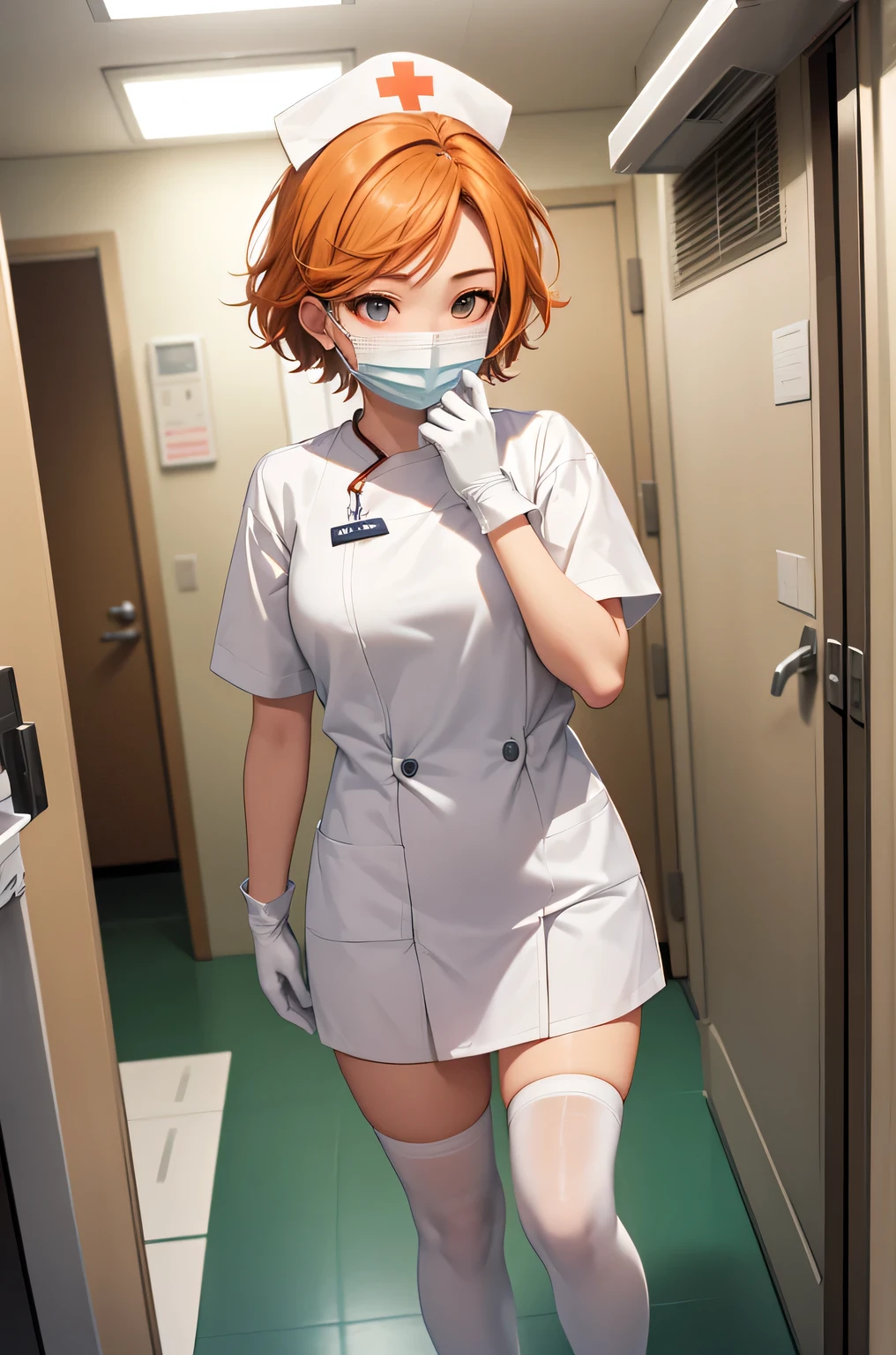 1 girl, alone, nurse, nurse cap, Whiteware, ((white legwear, zettai ryouiki)), white gloves, very short hair, orange hair, ((White surgical mask, Covered nose)), Are standing, ((hospital room)), sharp outline, short sleeve, Tomboy, boyish, highest quality, masterpiece