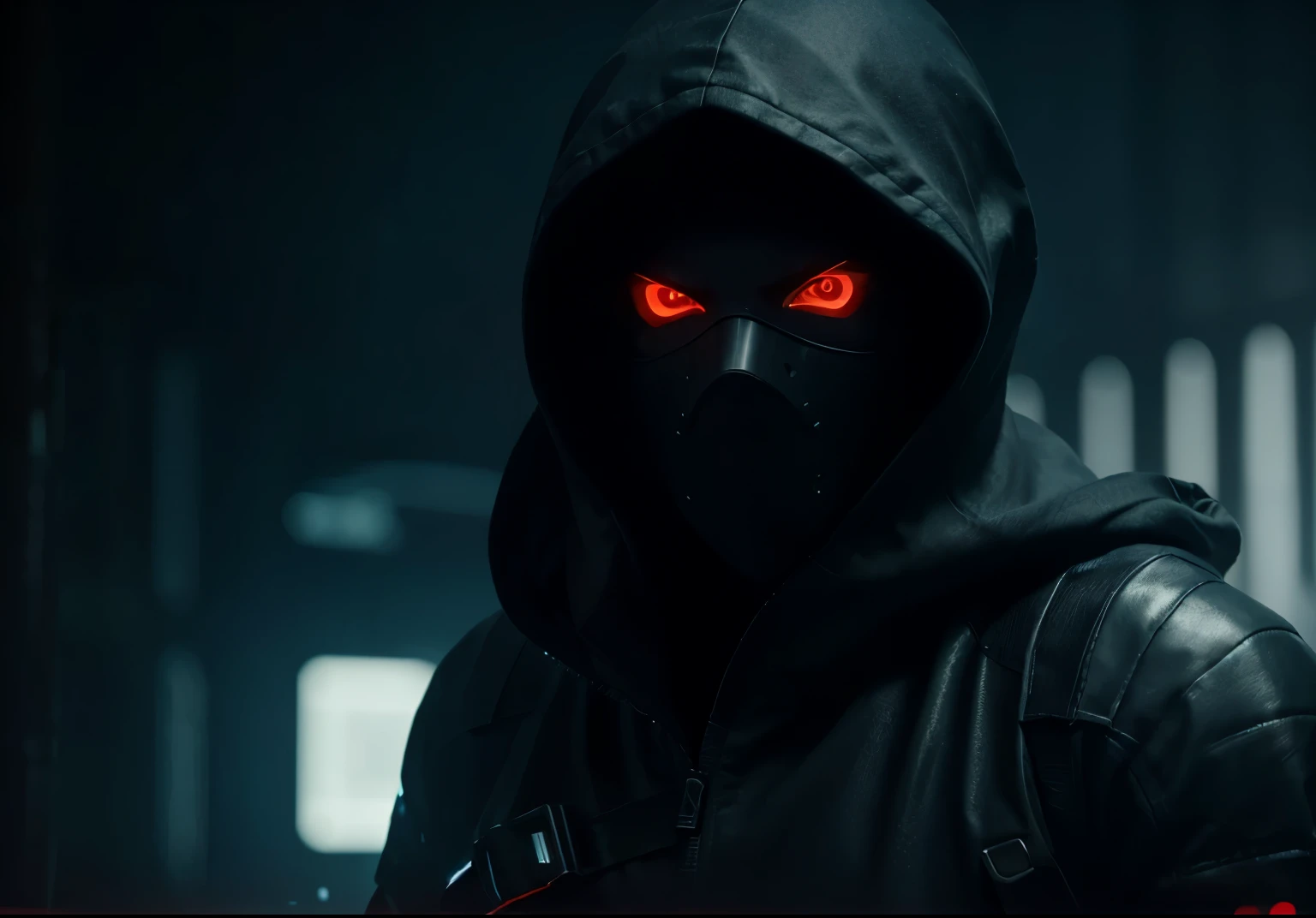 Best texture, high quality, ultra HD, 8K, ultra-detailed face, glowing eyes, realistic, very detailed, high detail, full body, cyberpunk assassin with his face visible, wearing mask covering his nose and mouth, hooded outfit, holding a dagger in both hands, dark environment with minimal lights, depth of field, cinematic scene, dramatic lighting