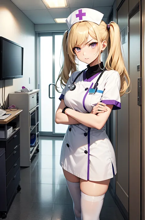 1 girl, alone, nurse, nurse cap, whiteware, ((white legwear, zettai ryouiki)), white gloves, twin tails, yellow hair, purple eye...