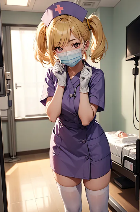 1 girl, alone, nurse, nurse cap, whiteware, ((white legwear, zettai ryouiki)), white gloves, twin tails, yellow hair, purple eye...