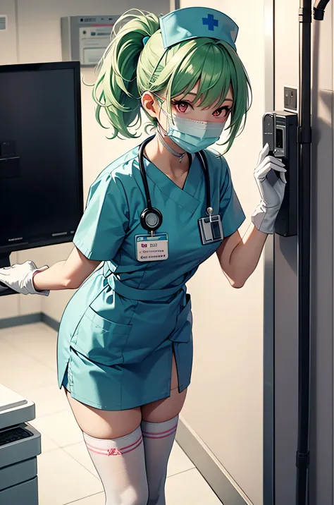 1 girl, alone, nurse, nurse cap, whiteware, ((white legwear, zettai ryouiki)), white gloves, ponytail, green hair, pink eyes, ((...