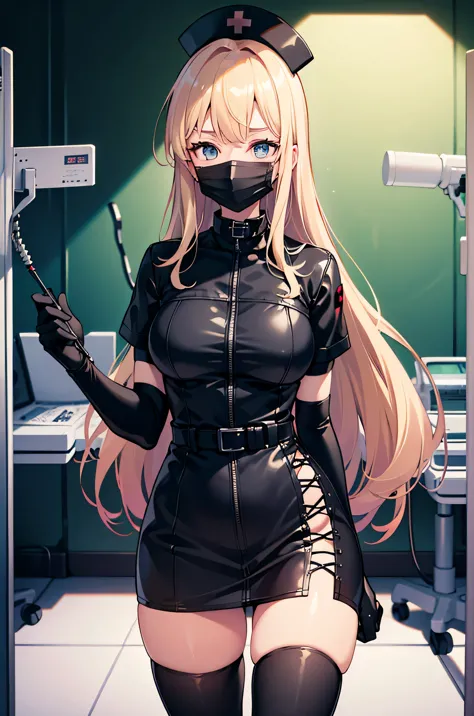 black nurse, 1 female, alone, black nurse cap, black wear, ((black legwear, zettai ryouiki)), black elbow gloves, blonde hair, b...