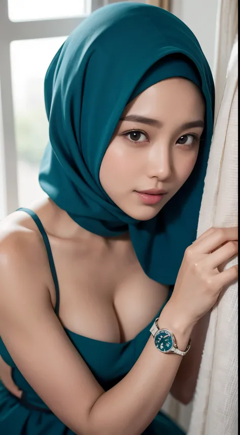 1 indonesia girl, wlop, medium breasts, modern hijab, teal color hijab, high resolution, nier (series), nier automata, peach lips, shadow face, hijab, solo, close up selfie, janitor room with window and curtain, nude, wet body, seductive smile, look on cam...