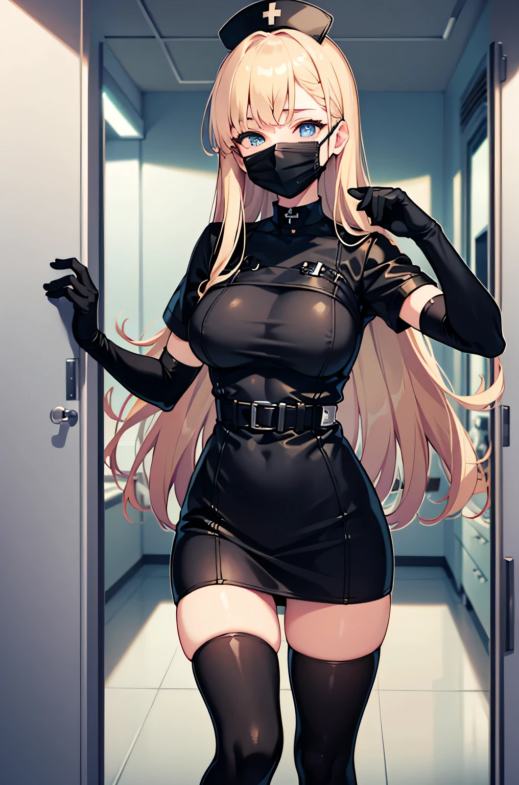 black nurse, 1 female, alone, black nurse cap, Black Wear, ((black legwear, zettai ryouiki)), black elbow gloves, blonde hair, blue eyes, ((Black surgical mask, Covered nose)), Are standing, ((operating room)), sharp outline, short sleeve, mature woman, 35 years old, highest quality, masterpiece