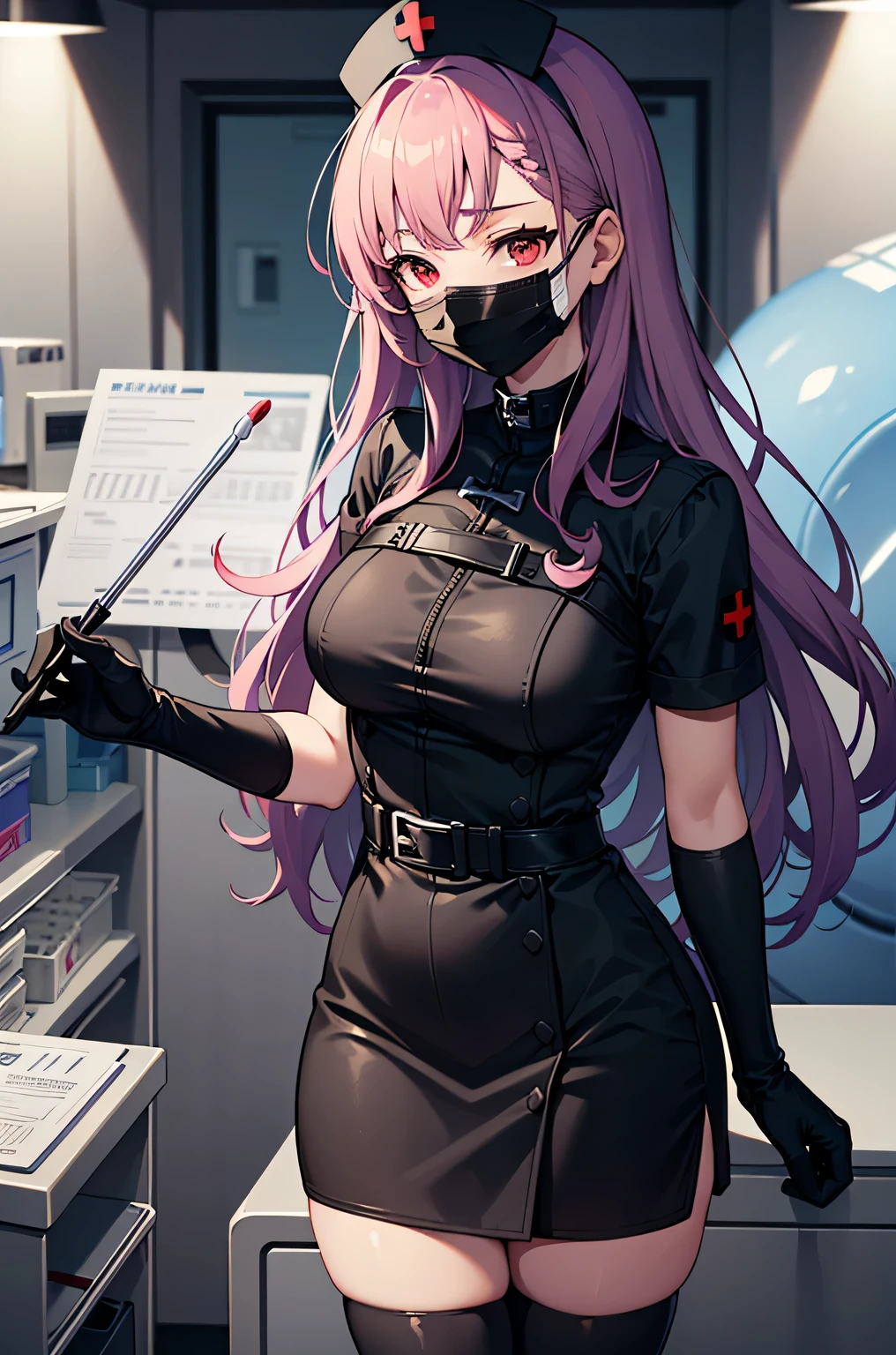 black nurse, 1 female, alone, black nurse cap, Black Wear, ((black legwear, zettai ryouiki)), black elbow gloves, long hair, purple hair, red eyes, ((Black surgical mask, Covered nose)), Are standing, ((operating room)), sharp outline, short sleeve, mature woman, 35 years old, highest quality, masterpiece