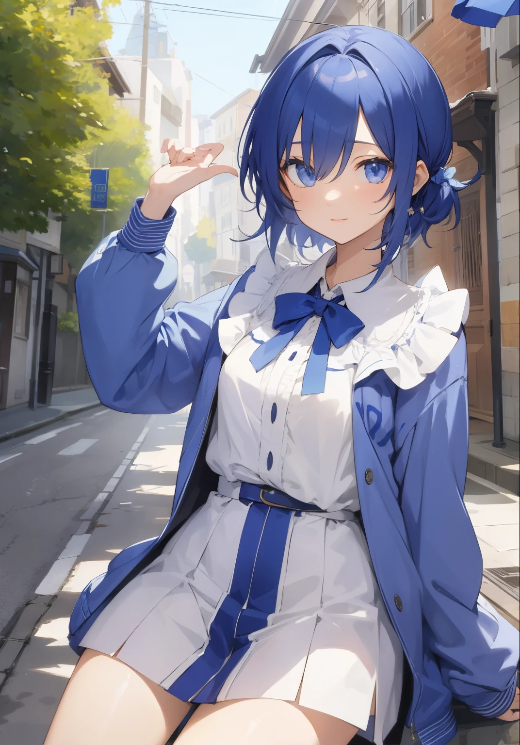 Anime girl in blue dress sitting on a bench in the street - SeaArt AI