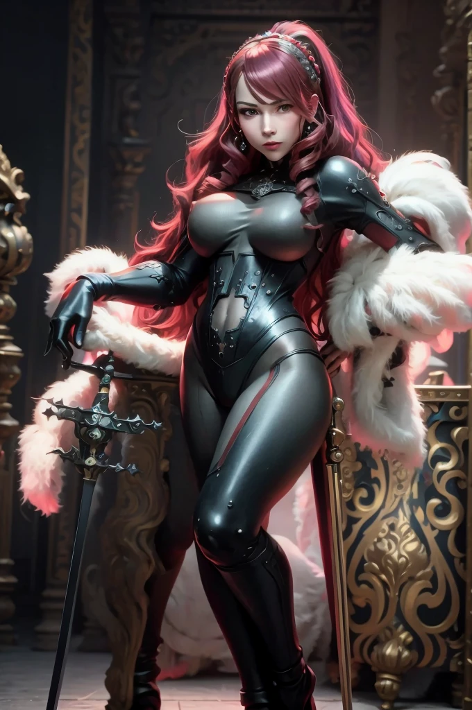 a woman with red lipstick has armor on and is holding a sword, kirijou mitsuru, 1girl, solo, hair over one eye, long hair, (((red hair))), weapon, (rapier), bodysuit, black bodysuit, grey bodysuit, hand on hip, (((large breasts))), (purple theme:1.2), ((indoors)) (In Baroque style hall:2), queen, ((majestic)), graceful, perfect face, beautiful face, perfect female body, mature female, (glowing red eyes:1.2), short ponytail, Queen's crown, darker violet gossamer veil, royal red cloak with jewels and fur, royal red shawl with jewels and fur, (earrings), (jewels, jewelry:1.2), head ornaments, (hands ornaments), legs ornaments, (high heels), Narrow waist, big ass, wet, wet body, sweating body, shiny skin, ((no close up)), (8k, RAW photos, highest quality, masterpiece: 1.7). (Realistic, Photorealistic: 1.9)
