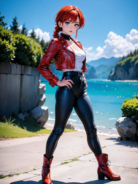 Garota anime ruiva vestindo red leather jacket and blue leather pants, 16 anos, corpo bonito, botas pretas, leather boot shoes, ...