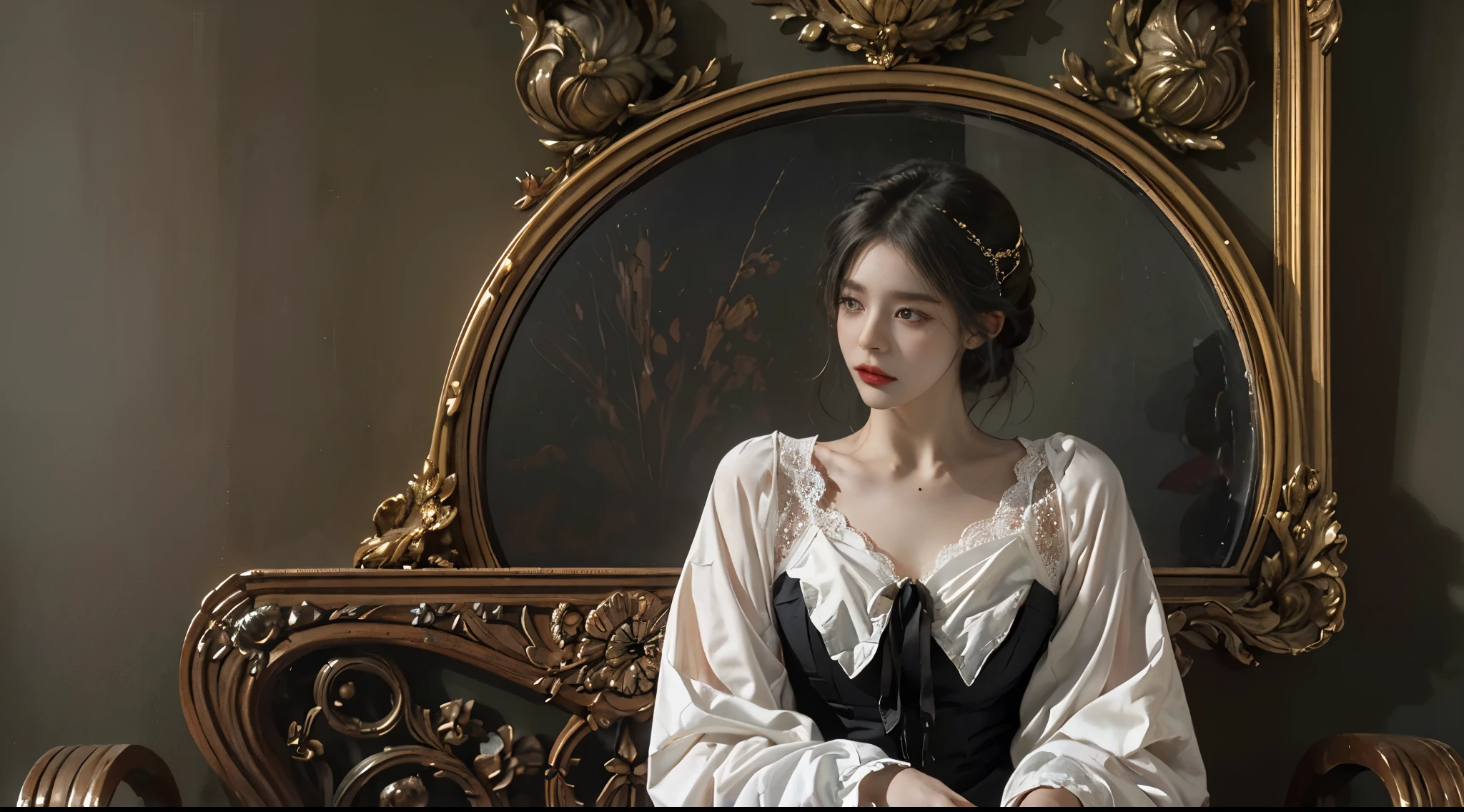 官方Art, unified 8k wallpaper, Super detailed, beautiful, beautiful, masterpiece, best quality, dark, Atmospheric, mystery, Romantic, crawl, literature, Art, Fashion, victorian era, decorate, complex, ironwork, lace, Brooding, emotional depth, supranatural, 1 girl, alone, neck, bust composition