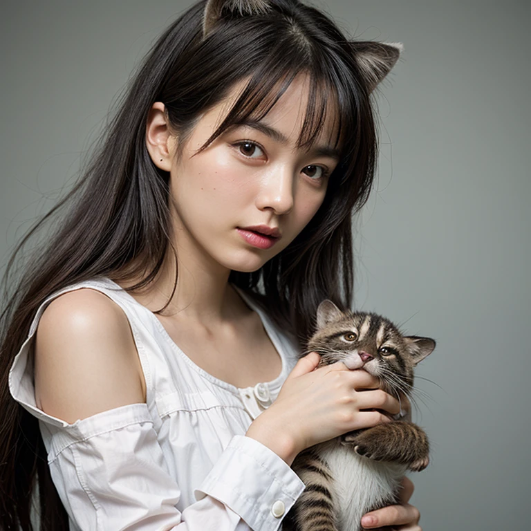 （8K，RAW photo，best quality，master piece：1.2），High Detail RAW Color Photography，professional photos，（Realistic，Realisticな写真：1.37），cinematic light，1 girl，Hold the raccoon cat to your chest with both hands。