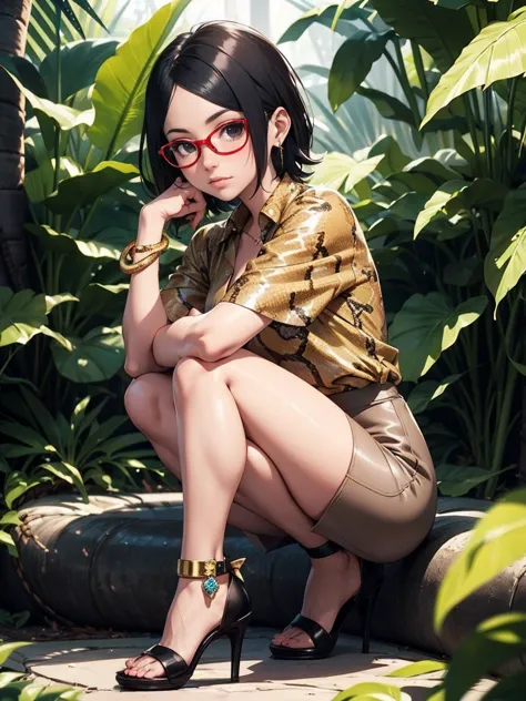 Sarada Uchiha with short hair, black eyes, wearing prescription glasses. She is wearing a beige Nude pencil skirt and Snake Prin...