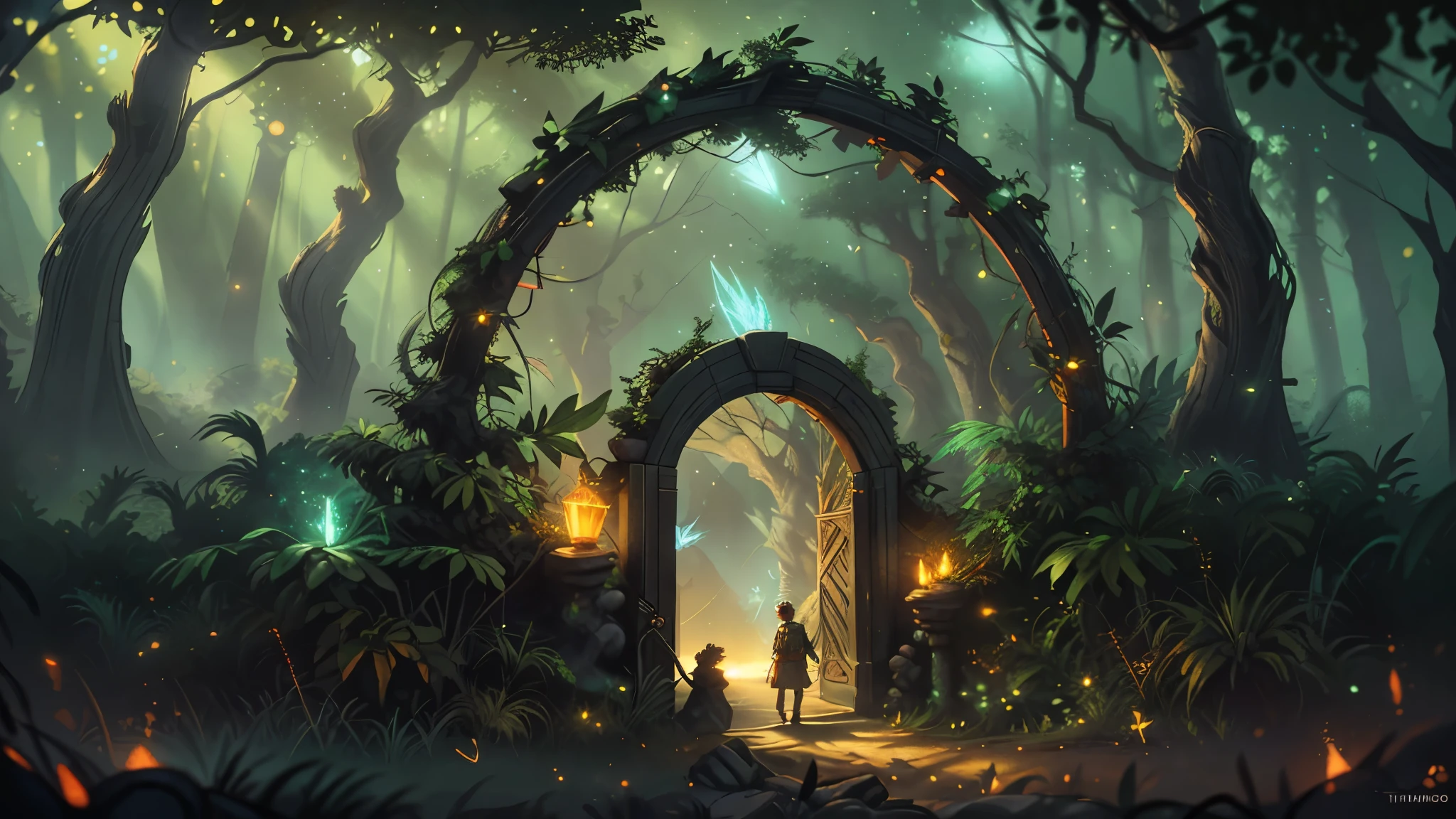 (Digital Artwork:1.3) of (Sketched:1.1) octane render of a mysterious dense forest with a large (magical:1.2) gate (portal:1.3) to the eternal kingdom, The gate frame is designed in a round shape, surrounded by delicate leaves and branches, with fireflies and glowing particle effects, (UI interface frame design), (natural elements), (jungle theme), (square), (leaves) , (twigs), (fireflies), butterflies, (delicate leaves), (glow), (particle effects, light engrave in intricate details, (light particle:1.2), (game concept:1.3), (depth of field:1.3), global illumination,Highly Detailed,Trending on ArtStation