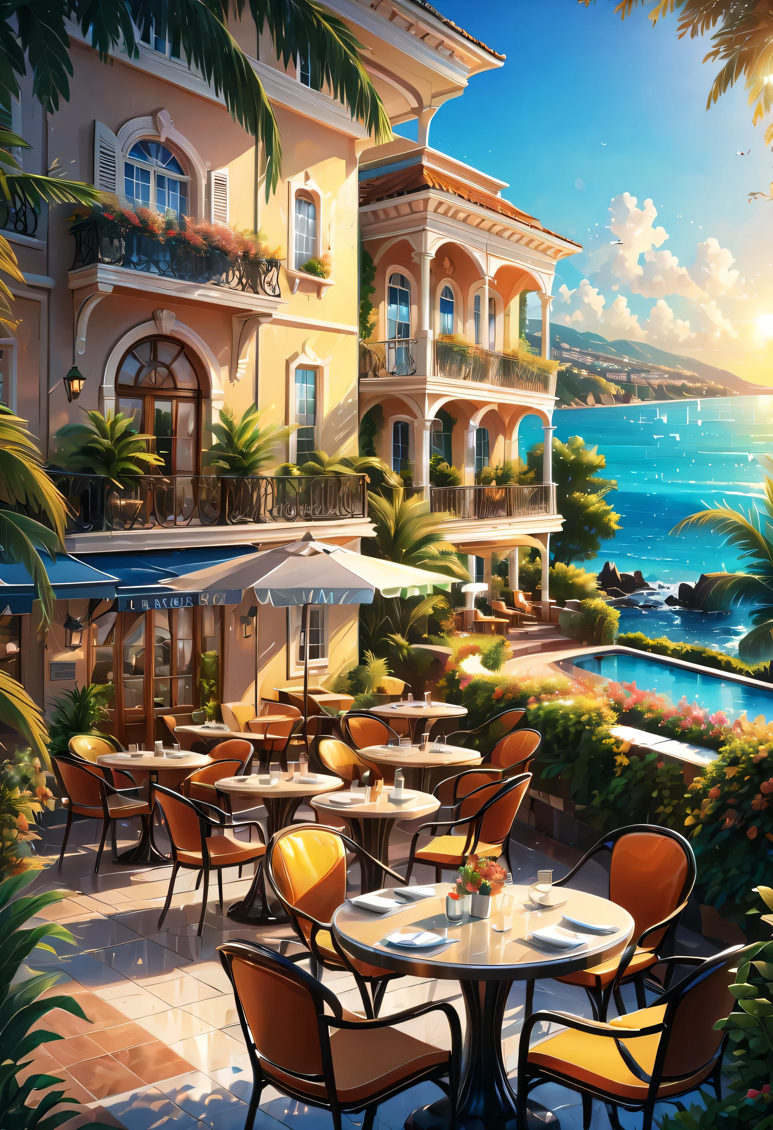 it&#39;s a comfort、relaxing resort...Gorgeous and elegant mansion hotel.Garden Terrace HD Terrace Cafe Tables and Chairs.modern beautiful city，Overlooking，is a famous resort.beautiful beach，Sea view.Nice environment, optimistic matte, Beautiful digital artwork, Cozy café, Beautiful and detailed scenes, Relaxation concept art, 8k high quality detailed art, 4k highly detailed digital art, Highly detailed scenes(noon scene.warm light)(best quality,4K,8k,high resolution,masterpiece:1.2),super detailed,(actual,photoactual,photo-actual:1.37),bokeh background,