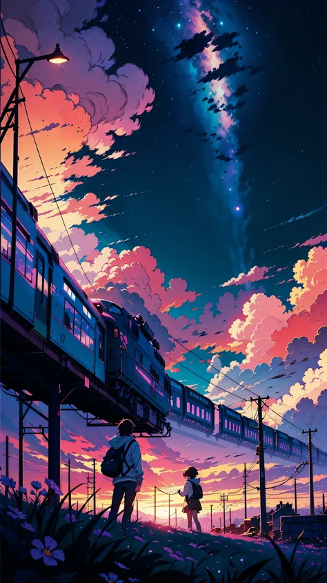 anime scene of a train passing under a pink and purple sky, an anime drawing by Makoto Shinkai, trending on pixiv, magical reali...