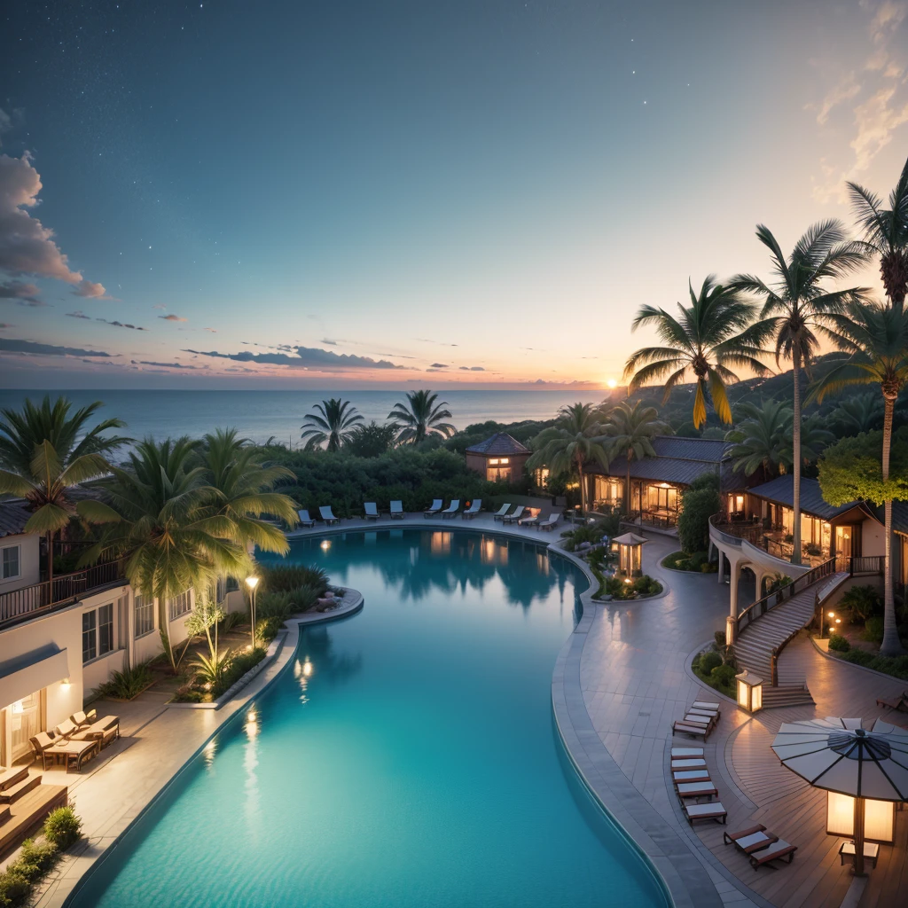 ５Star luxury resort hotel, with gold details, I can see the sea, pool, marble, Palm tree, night, light up