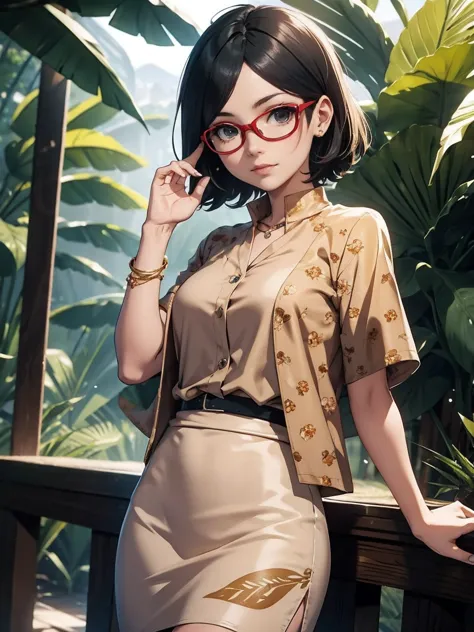 sarada uchiha with short hair, black eyes, wearing prescription glasses. she is wearing a beige nude pencil skirt, ((ounce print...