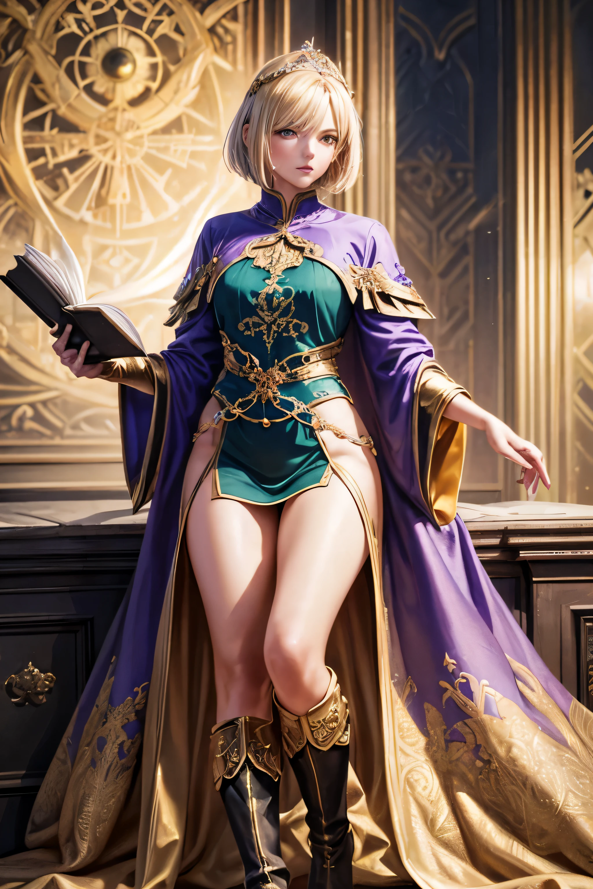 (Best quality,a high resolution),(Realistic:1.37)Aasimar with golden hair, an angel, blonde, square haircut, reaching the right eye, 2p, sparkling eyes, to the tiara, flowy purple coat with green blouse, golden halo above head, holding a book of spells in his left hand, Full Figure, black boots, in a dark fantasy atmosphere, Fantasy character