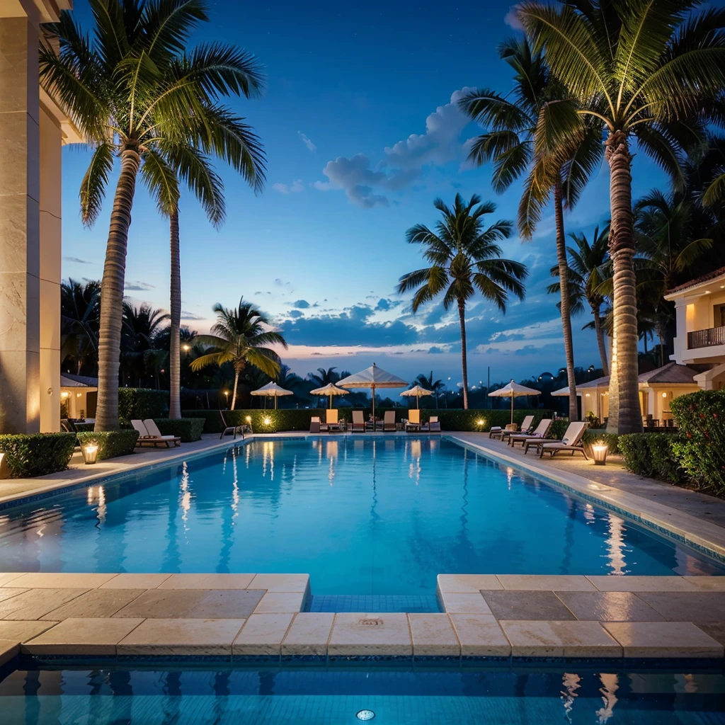 ５Star luxury resort hotel, with gold details, I can see the sea, pool, marble, Palm tree, night, light up