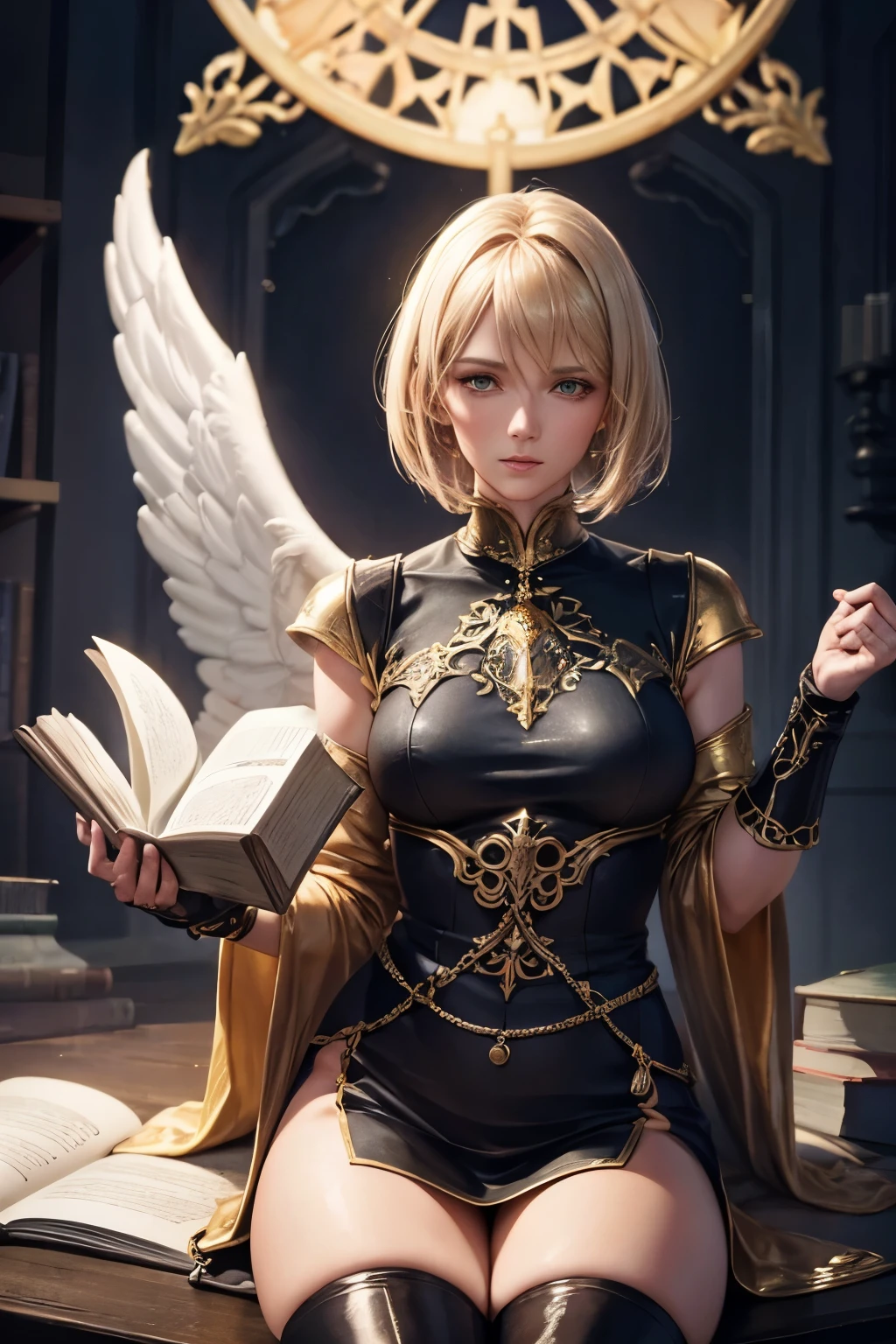 (Best quality,a high resolution),(Realistic:1.37)Aasimar with golden hair, an angel, blonde, bob haircut, reaching right eye, 2b, glowing eyes, flowy purple coat with green blouse, golden halo above head, holding a book of spells in his left hand, full body figure, black boots, in a dark fantasy atmosphere, fantasy character