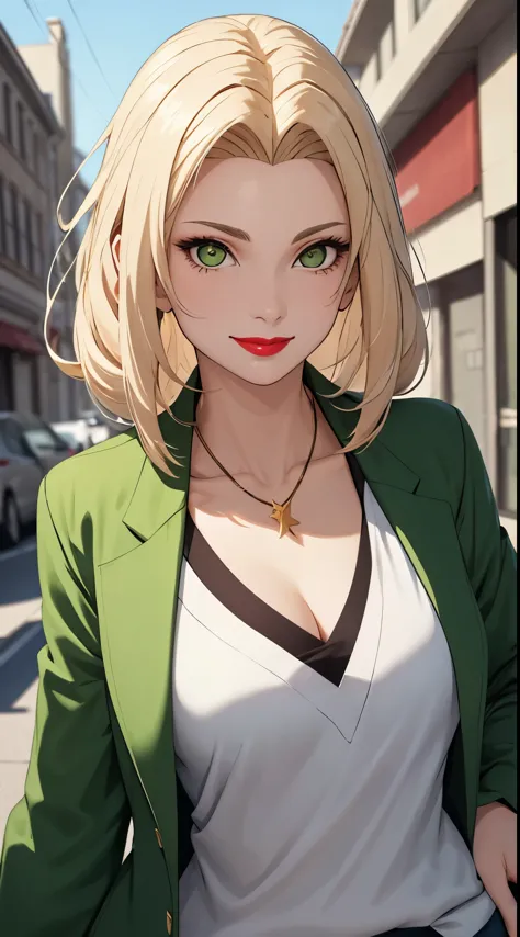 best qualtiy，tmasterpiece，1girll，looks into camera，Golden hair，White color blouse，Green coat，ssmile，perfect bodies，plumw，Redlip