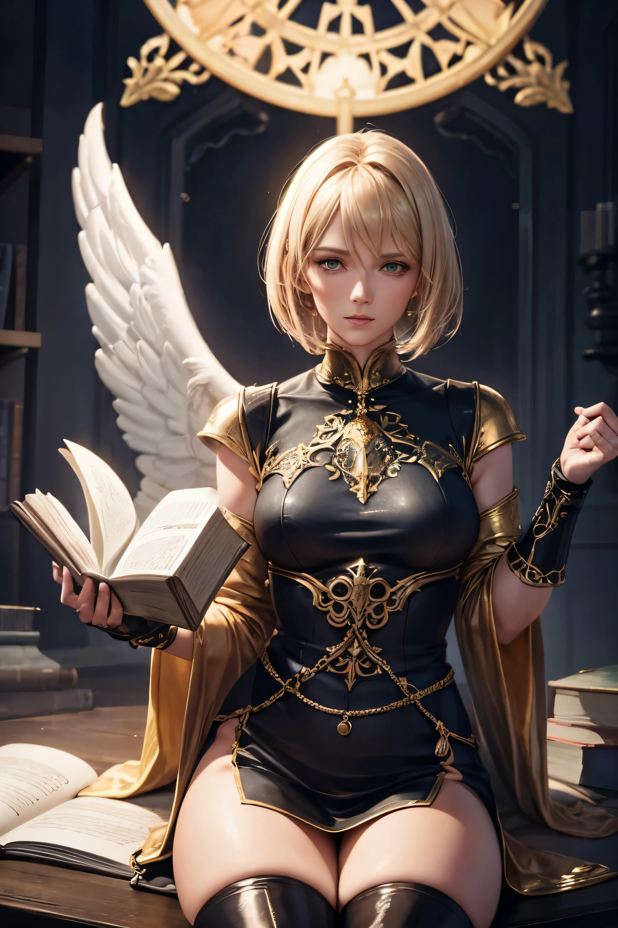 (Best quality,a high resolution),(Realistic:1.37)Aasimar with golden hair, an angel, blonde, square haircut, reaching the right eye, 2p, sparkling eyes, flowy purple coat with green blouse, golden halo above head, holding a book of spells in his left hand, Full Figure, black boots, in a dark fantasy atmosphere, Fantasy character