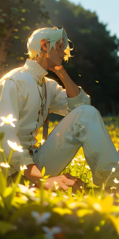 (masterpiece, best quality), 1 man with short white hair sitting in a field of green plants and flowers, his hand under his chin, warm lighting, white clothes, white pants, blurry foreground