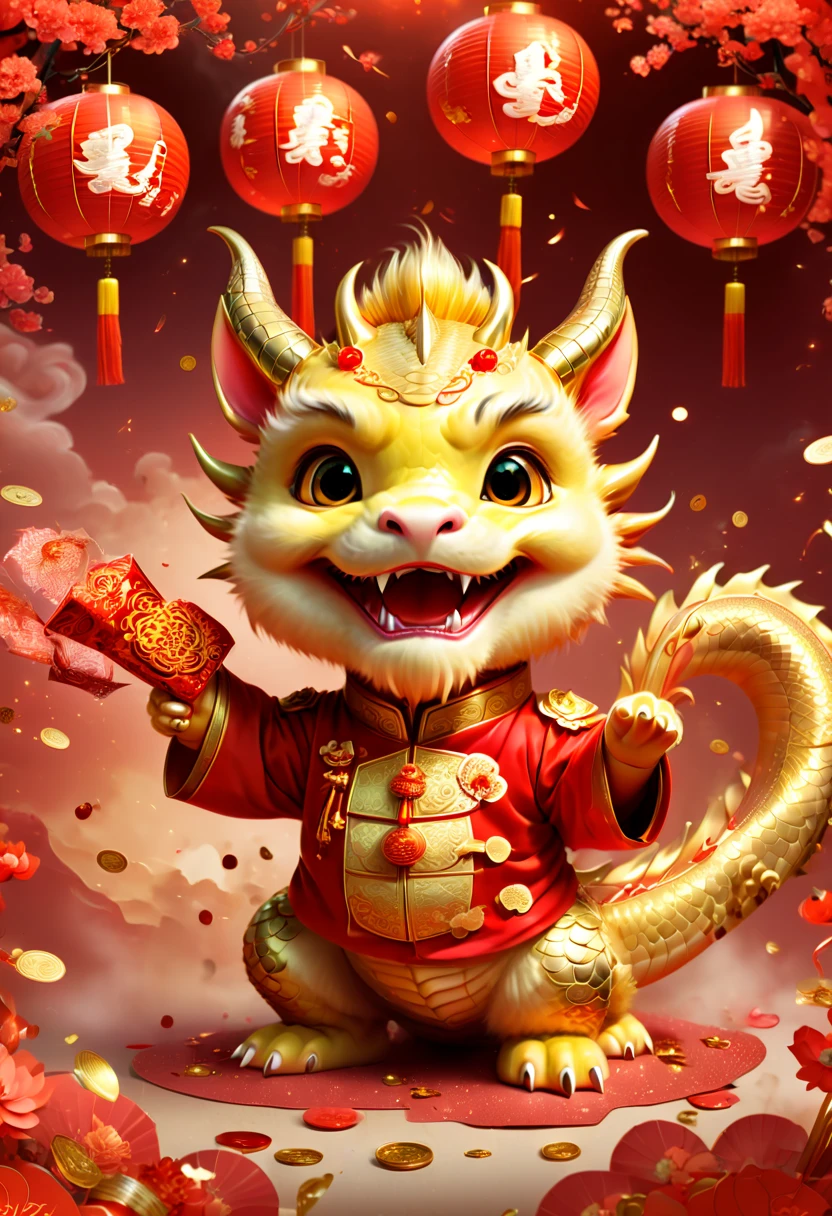 Chinese New Year, cute dragon cub, red clothes, gold coins, red envelopes, open door welcome, confetti, firecrackers, lanterns, strong festive atmosphere, Chinese greeting, Chinese elements, panoramic view, Ultra high saturation, (best quality, masterpiece, Representative work, official art, Professional, 8k)