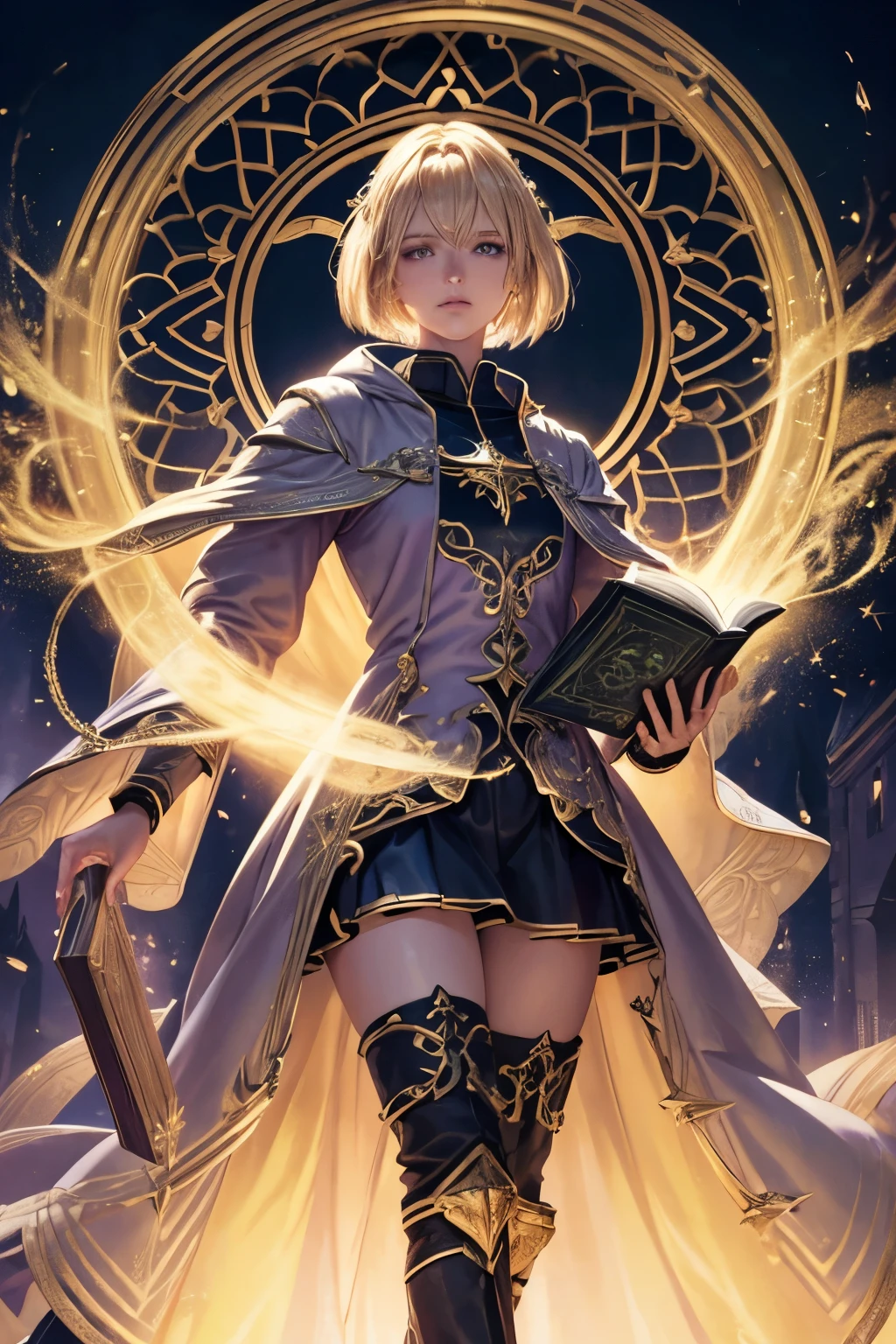 (Best quality,a high resolution),(Realistic:1.37)Aasimar with golden hair, an angel, blonde, bob haircut, reaching right eye, 2b, glowing eyes, flowy purple coat with green blouse, golden halo above head, holding a book of spells in his left hand, full body figure, black boots, in a dark fantasy atmosphere, fantasy character