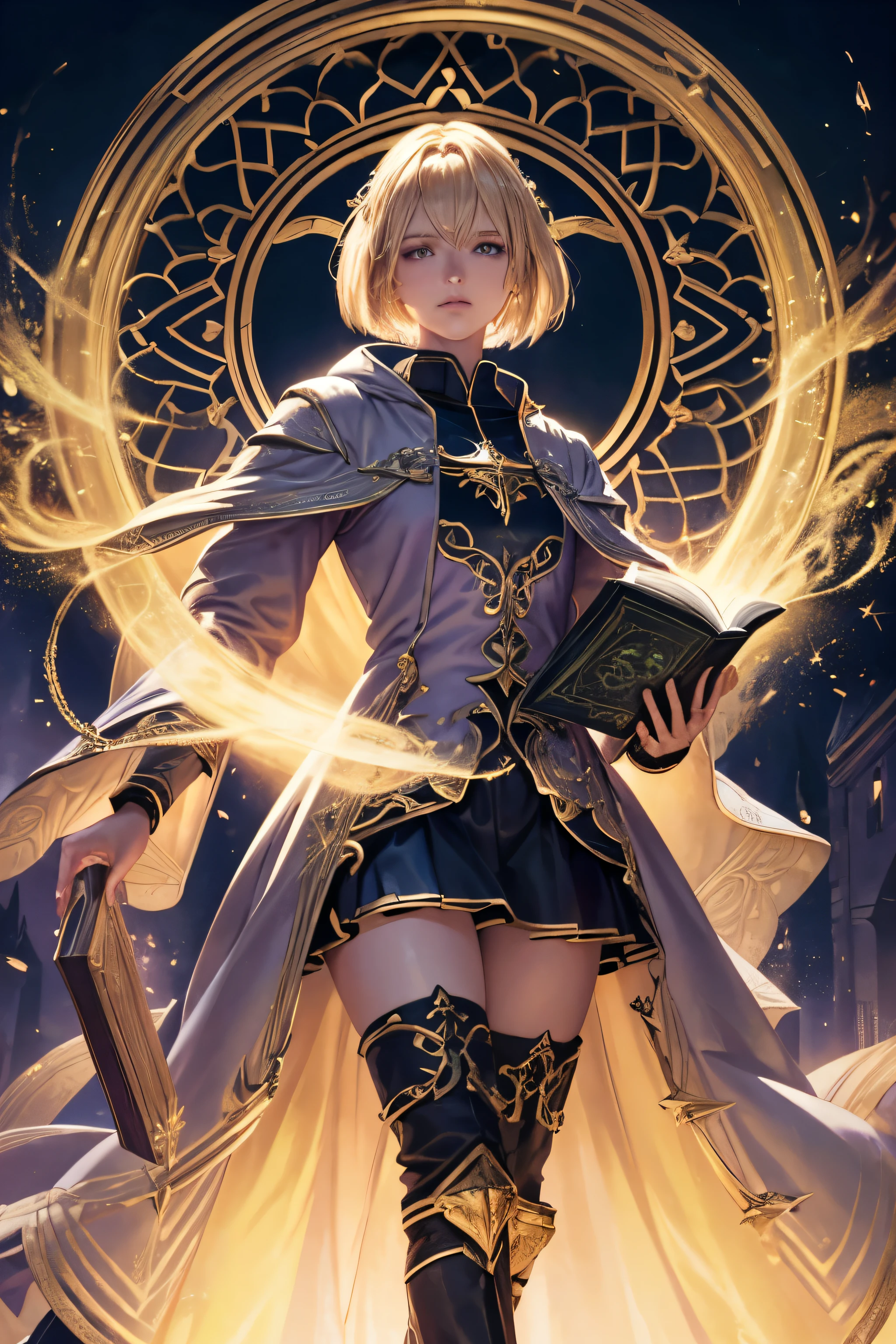 (Best quality,a high resolution),(Realistic:1.37)Aasimar with golden hair, an angel, blonde, square haircut, reaching the right eye, 2p, sparkling eyes, flowy purple coat with green blouse, golden halo above head, holding a book of spells in his left hand, Full Figure, black boots, in a dark fantasy atmosphere, Fantasy character