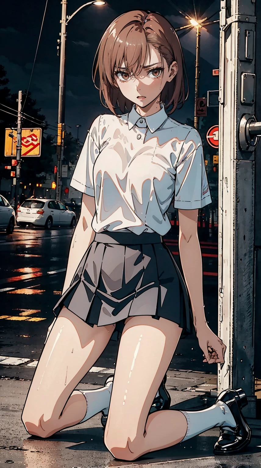 1 handsome girl with short hair，emaciated，Thin，slender thighs，slender figures，Wearing a white shirt and black pleated skirt，White long and thick socks above the knees，High heel，sexy pose，On the street，Kneeling on the ground and crying，pained expression，desperate expression，Scream loudly，It&#39;s raining heavily and there&#39;s a strong wind，white underwear，moist，Expose private areas，Soaked all over，torn laundry