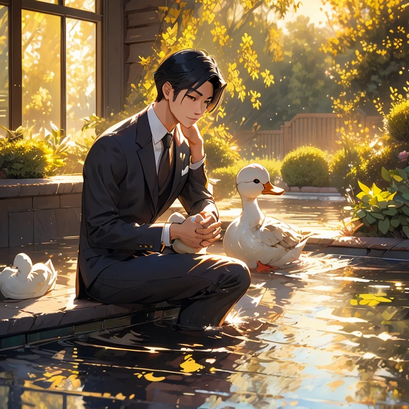 Créer l&#39;image d&#39;un homme avec une apparence quelque peu asiatique, arborant des cheveux noirs bien coiffés de longueur moyenne, porter un costume Il devrait avoir un doux sourire et tenir un canard sous le bras . un personnage avec un style qui rappelle un personnage de manwha, au lieu d&#39;avoir une apparence typiquement asiatique. Placez le personnage à l&#39;intérieur d&#39;un arrière-plan représentant un manoir, avec les détails d&#39;une maison luxueuse, comme une fenêtre montrant une cour arrière bien entretenue et paysagée.