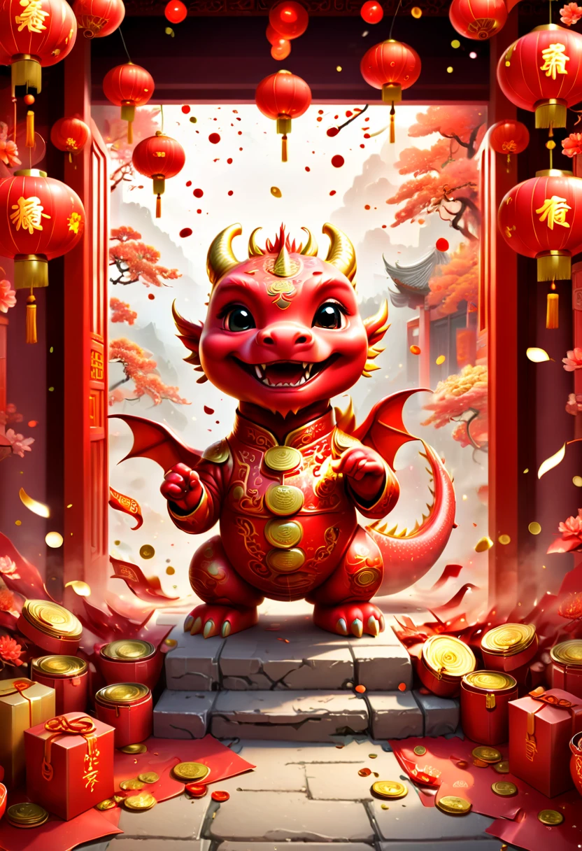 Chinese New Year, cute dragon cub, red clothes, gold coins, red envelopes, open door welcome, confetti, firecrackers, lanterns, strong festive atmosphere, Chinese greeting, Chinese elements, panoramic view, Ultra high saturation, (best quality, masterpiece, Representative work, official art, Professional, 8k)