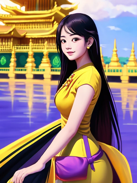 chef-d&#39;œuvre, Meilleure qualité, fille, seulement, ((femelle mature)),, long cheveux, cheveux, princesse,(supérieur jaune inférieur violet) silk robe black robe(robe) (golden robe) fantaisie, heureux, regarder le spectateur, dessin animé, animé, (peinture à l&#39;huile)Burmese fille, 1, Arrière-plan de la vue graphique de la pagode, clair Hd 8k