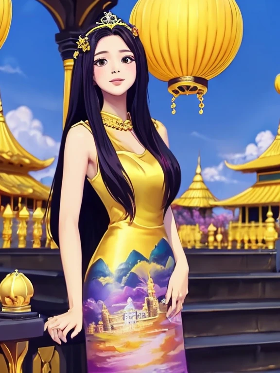 masterpiece, best quality, girl, solo, ((mature female)),, long hair, hair, princess,(upper yellow lower purple) silk dress black dress(dress) (golden dress) fantasy, happy, looking at viewer, cartoon, anime, (oil painting)Burmese girl, 18 years old, Bagan pagoda view background, clear Hd 8k