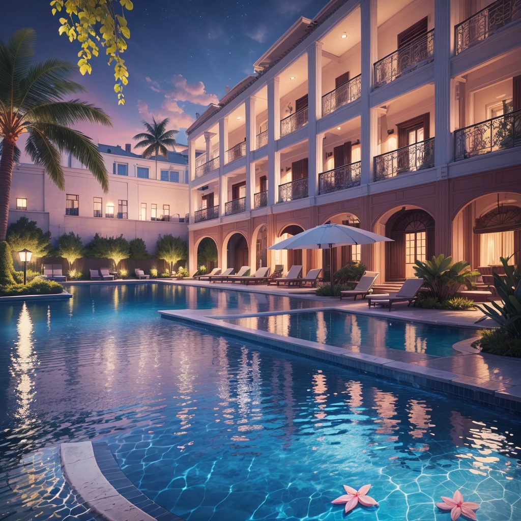 ５Star luxury resort hotel, with gold details, I can see the sea, pool, marble, Palm tree, night, light up