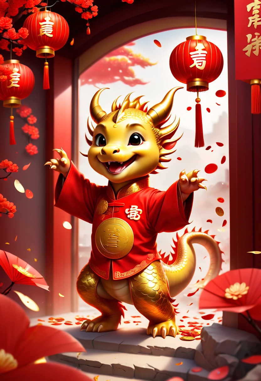 Chinese New Year, cute dragon cub, red clothes, gold coins, red envelopes, open door welcome, confetti, firecrackers, lanterns, strong festive atmosphere, Chinese greeting, Chinese elements, panoramic view, Ultra high saturation, (best quality, masterpiece, Representative work, official art, Professional, 8k)