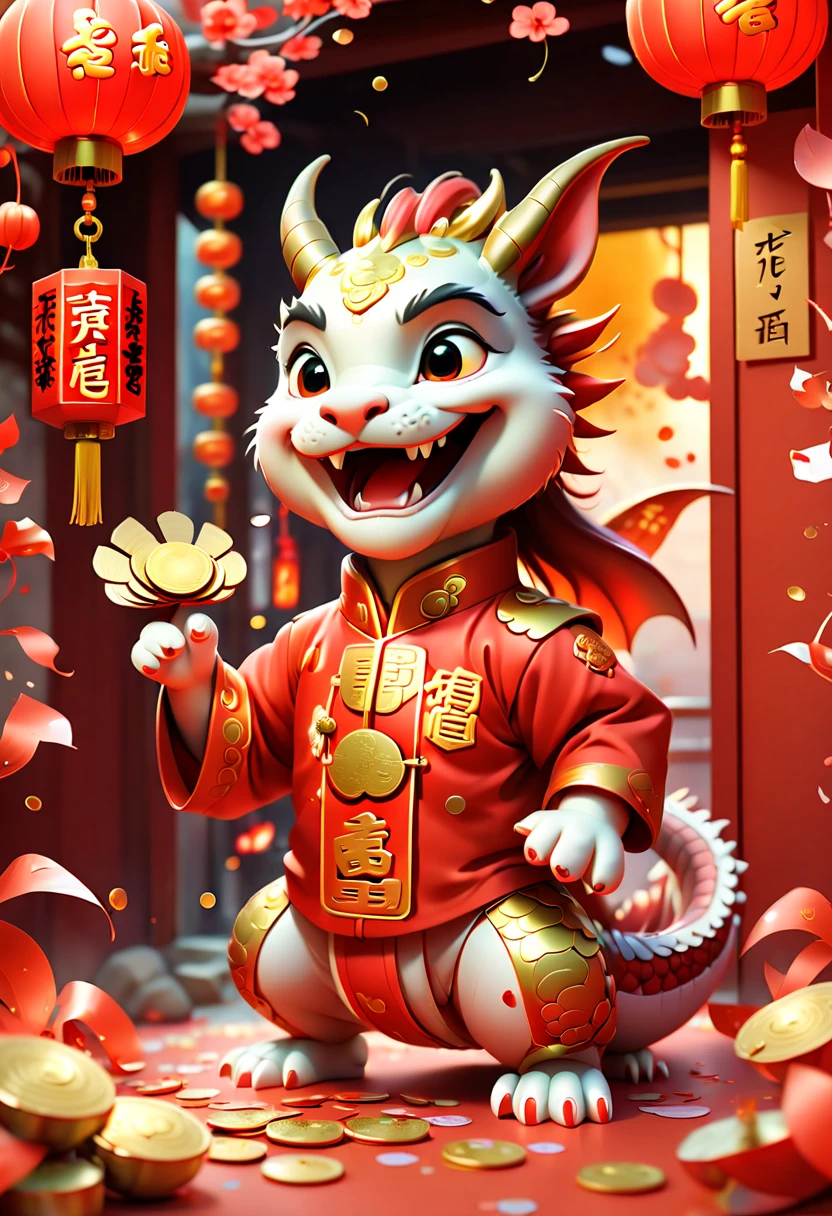 Chinese New Year, cute dragon cub, red clothes, gold coins, red envelopes, open door welcome, confetti, firecrackers, lanterns, strong festive atmosphere, Chinese greeting, Chinese elements, panoramic view, Ultra high saturation, (best quality, masterpiece, Representative work, official art, Professional, 8k)