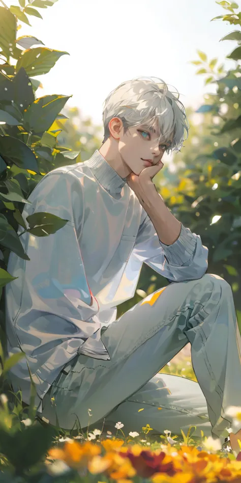 (masterpiece, best quality), 1 man with short white hair sitting in a field of green plants and flowers, his hand under his chin...